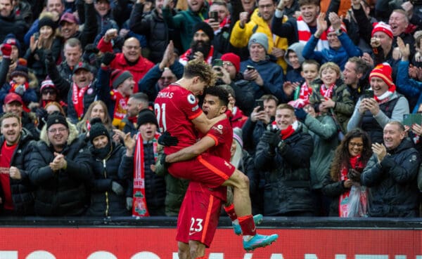 LIVERPOOL, ENGLAND - Saturday, February 19, 2022: Liverpool's Luis Díaz (R) celebrates with team-mate Kostas Tsimikas after scoring the third goal during the FA Premier League match between Liverpool FC and Norwich City FC at Anfield. (Pic by David Rawcliffe/Propaganda)