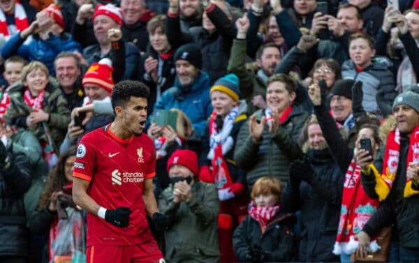 LIVERPOOL, ENGLAND - Saturday, February 19, 2022: Liverpool's Luis Díaz celebrates after scoring the third goal during the FA Premier League match between Liverpool FC and Norwich City FC at Anfield. (Pic by David Rawcliffe/Propaganda)