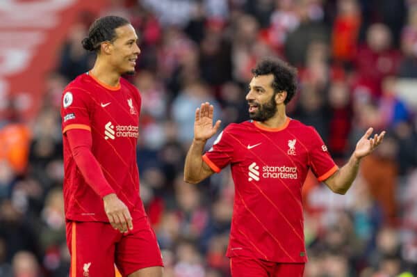 LIVERPOOL, ENGLAND - Saturday, February 19, 2022: Liverpool's Virgil van Dijk (L) and Mohamed Salah after the FA Premier League match between Liverpool FC and Norwich City FC at Anfield. Liverpool won 3-1. (Pic by David Rawcliffe/Propaganda)