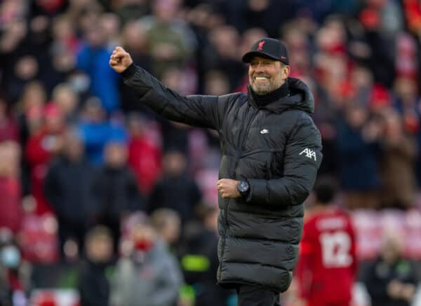 LIVERPOOL, ENGLAND - Saturday, February 19, 2022: Liverpool's manager Jürgen Klopp punches the air as he celebrates with the supporters after the FA Premier League match between Liverpool FC and Norwich City FC at Anfield. Liverpool won 3-1. (Pic by David Rawcliffe/Propaganda)