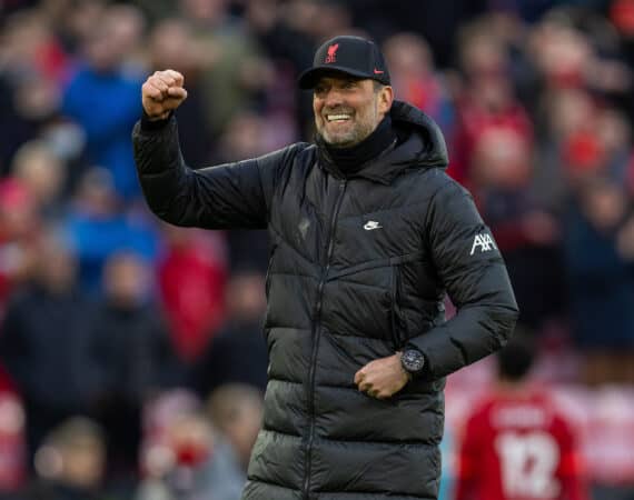 LIVERPOOL, ENGLAND - Saturday, February 19, 2022: Liverpool's manager Jürgen Klopp punches the air as he celebrates with the supporters after the FA Premier League match between Liverpool FC and Norwich City FC at Anfield. Liverpool won 3-1. (Pic by David Rawcliffe/Propaganda)