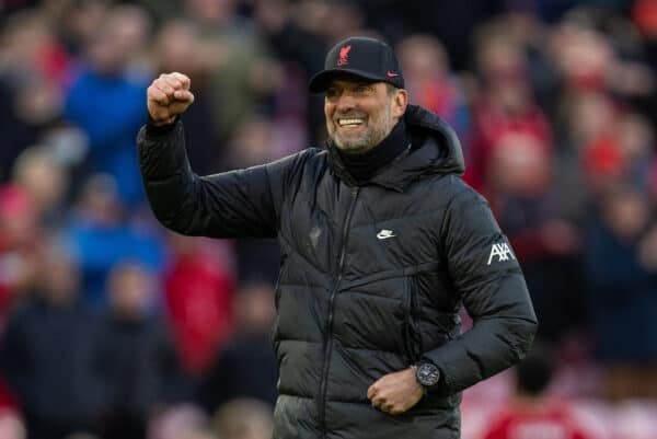 LIVERPOOL, ENGLAND - Saturday, February 19, 2022: Liverpool's manager Jürgen Klopp punches the air as he celebrates with the supporters after the FA Premier League match between Liverpool FC and Norwich City FC at Anfield. Liverpool won 3-1. (Pic by David Rawcliffe/Propaganda)