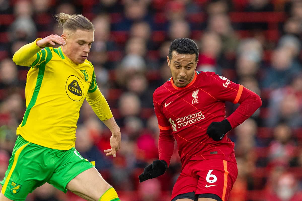 LIVERPOOL, ENGLAND - Saturday, February 19, 2022: Liverpool's Thiago Alcantara (R) is challenged by Norwich City's Przemys?aw P?acheta during the FA Premier League match between Liverpool FC and Norwich City FC at Anfield. (Pic by David Rawcliffe/Propaganda)