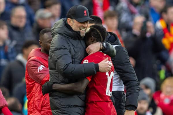 LIVERPOOL, ENGLAND - Saturday, February 19, 2022: Liverpool's manager Jürgen Klopp (L) embraces goal-scorer Sadio Mané after the FA Premier League match between Liverpool FC and Norwich City FC at Anfield. Liverpool won 3-1. (Pic by David Rawcliffe/Propaganda)