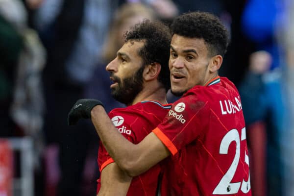 LIVERPOOL, ENGLAND - Saturday, February 19, 2022: Liverpool's Mohamed Salah (L) celebrates with team-mate Luis Díaz after scoring the second goal during the FA Premier League match between Liverpool FC and Norwich City FC at Anfield. (Pic by David Rawcliffe/Propaganda)