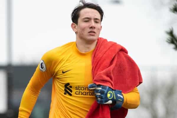 LIVERPOOL, ENGLAND - Sunday, 20 February, 2022: Liverpool’s goalkeeper Marcelo Pitaluga runs out for the second-half during the Premier League 2 Division 1 match between Liverpool FC Under-23’s and Blackburn Rovers FC Under-23’s at the Liverpool Academy. The game ended in a 1-1 draw. (Pic by Jessica Hornby/Propaganda)