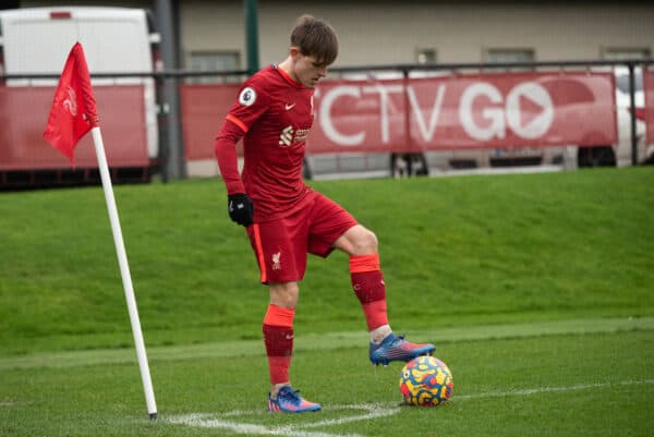 LIVERPOOL, ENGLAND - Sunday, 20 February, 2022: Liverpool’s Leighton Clarkson prepares to take a corner-kick during the Premier League 2 Division 1 match between Liverpool FC Under-23’s and Blackburn Rovers FC Under-23’s at the Liverpool Academy. The game ended in a 1-1 draw. (Pic by Jessica Hornby/Propaganda)