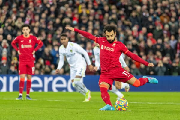 LIVERPOOL, ENGLAND - Wednesday, February 23, 2022: Liverpool's Mohamed Salah scores the first goal from a penalty kick during the FA Premier League match between Liverpool FC and Leeds United FC at Anfield. (Pic by David Rawcliffe/Propaganda)