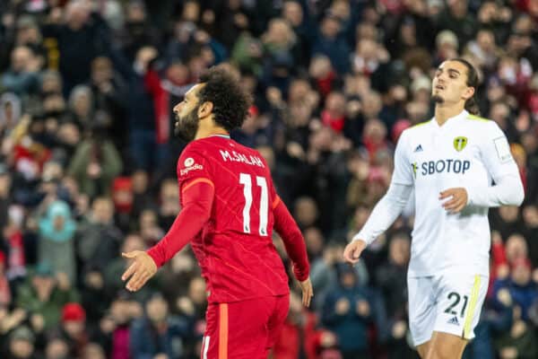 LIVERPOOL, ENGLAND - Wednesday, February 23, 2022: Liverpool's Mohamed Salah celebrates after scoring the first goal from a penalty kick during the FA Premier League match between Liverpool FC and Leeds United FC at Anfield. (Pic by David Rawcliffe/Propaganda)