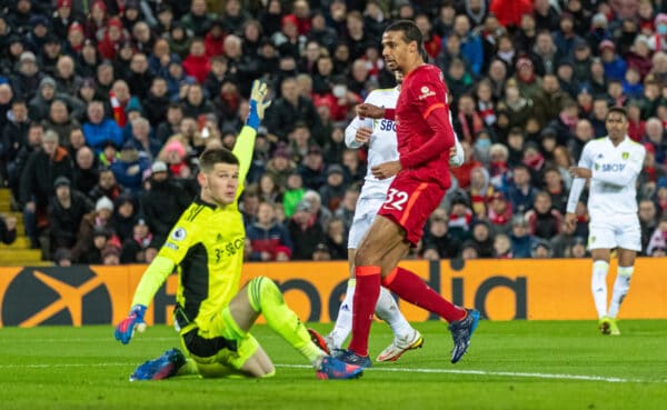 LIVERPOOL, ENGLAND - Wednesday, February 23, 2022: Liverpool's Joel Matip scores the second goal during the FA Premier League match between Liverpool FC and Leeds United FC at Anfield. (Pic by David Rawcliffe/Propaganda)