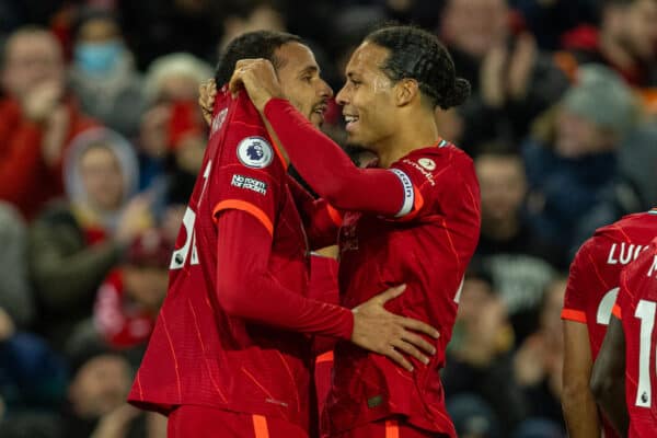 LIVERPOOL, ENGLAND - Wednesday, February 23, 2022: Liverpool's Joel Matip (L) celebrates with team-mate Virgil van Dijk (R) after scoring the second goal during the FA Premier League match between Liverpool FC and Leeds United FC at Anfield. (Pic by David Rawcliffe/Propaganda)