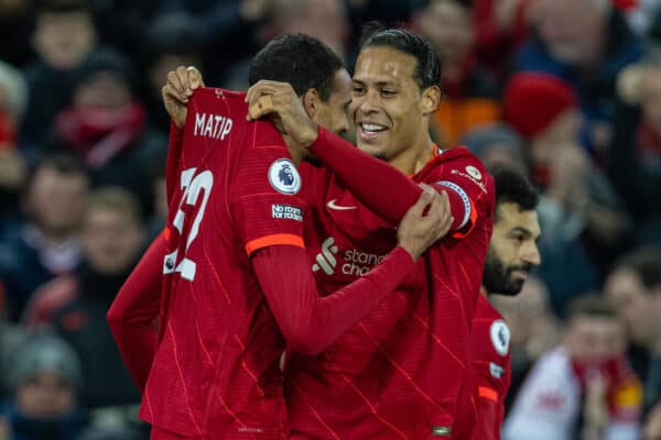 LIVERPOOL, ENGLAND - Wednesday, February 23, 2022: Liverpool's Joel Matip (L) celebrates with team-mate Virgil van Dijk (R) after scoring the second goal during the FA Premier League match between Liverpool FC and Leeds United FC at Anfield. (Pic by David Rawcliffe/Propaganda)