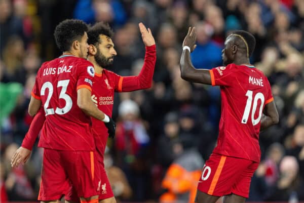 LIVERPOOL, ENGLAND - Wednesday, February 23, 2022: Liverpool's Mohamed Salah (C) celebrates with team-mates Luis Díaz (L) and Sadio Mané (R) after scoring the third goal during the FA Premier League match between Liverpool FC and Leeds United FC at Anfield. (Pic by David Rawcliffe/Propaganda)