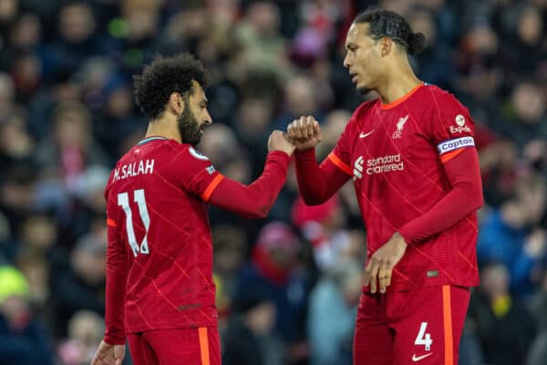 LIVERPOOL, ENGLAND - Wednesday, February 23, 2022: Liverpool's Mohamed Salah (L) celebrates with team-mate Virgil van Dijk (R) after scoring the third goal during the FA Premier League match between Liverpool FC and Leeds United FC at Anfield. (Pic by David Rawcliffe/Propaganda)