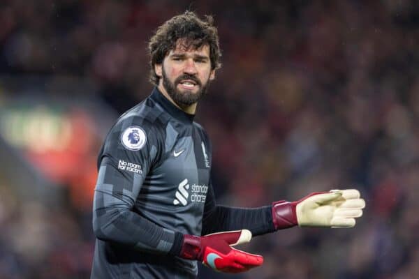 LIVERPOOL, ENGLAND - Wednesday, February 23, 2022: Liverpool's goalkeeper Alisson Becker during the FA Premier League match between Liverpool FC and Leeds United FC at Anfield. (Pic by David Rawcliffe/Propaganda)