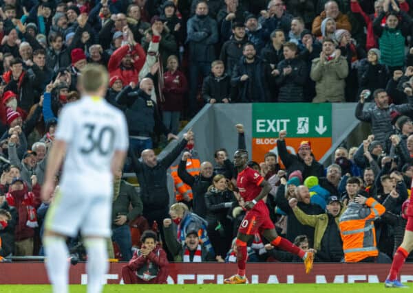 LIVERPOOL, ENGLAND - Wednesday, February 23, 2022: Liverpool's Sadio Mané celebrates after scoring the fourth goal during the FA Premier League match between Liverpool FC and Leeds United FC at Anfield. (Pic by David Rawcliffe/Propaganda)