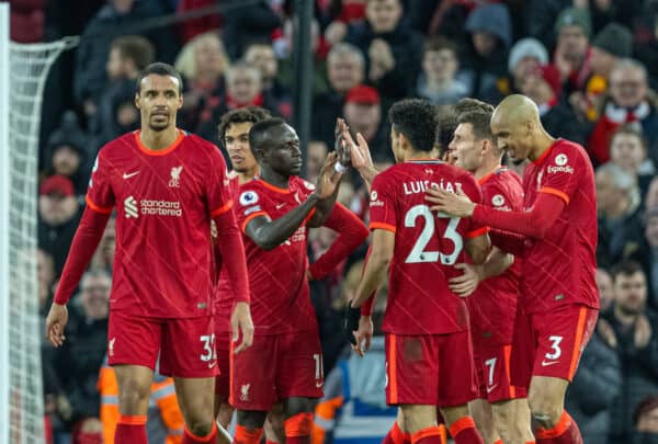 LIVERPOOL, ENGLAND - Wednesday, February 23, 2022: Liverpool's Sadio Mané celebrates after scoring the fourth goal during the FA Premier League match between Liverpool FC and Leeds United FC at Anfield. (Pic by David Rawcliffe/Propaganda)