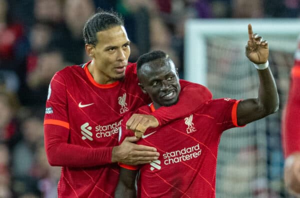 LIVERPOOL, ENGLAND - Wednesday, February 23, 2022: Liverpool's Sadio Mané (R) celebrates with team-mate Virgil van Dijk after scoring the fourth goal during the FA Premier League match between Liverpool FC and Leeds United FC at Anfield. (Pic by David Rawcliffe/Propaganda)