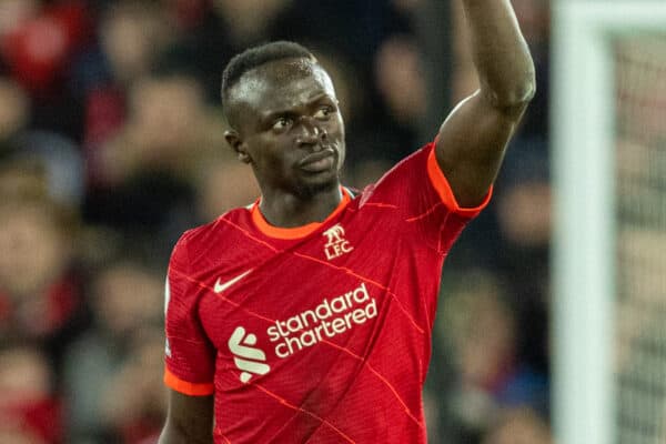 LIVERPOOL, ENGLAND - Wednesday, February 23, 2022: Liverpool's Sadio Mané celebrates after scoring the fourth goal during the FA Premier League match between Liverpool FC and Leeds United FC at Anfield. (Pic by David Rawcliffe/Propaganda)