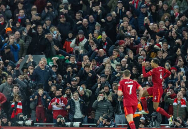 LIVERPOOL, ENGLAND - Wednesday, February 23, 2022: Liverpool's Virgil van Dijk celebrates after scoring the sixth goal during the FA Premier League match between Liverpool FC and Leeds United FC at Anfield. (Pic by David Rawcliffe/Propaganda)