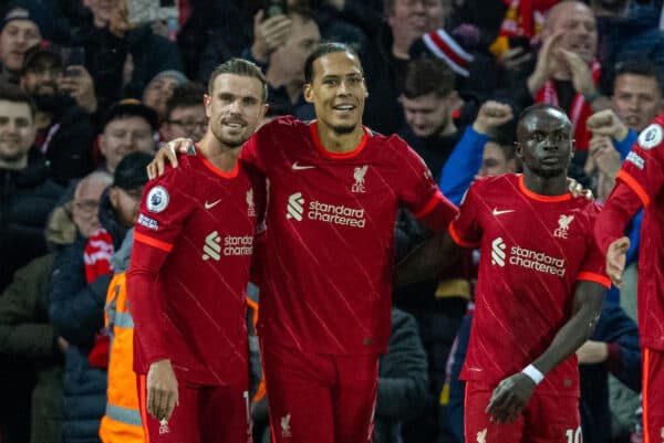 LIVERPOOL, ENGLAND - Wednesday, February 23, 2022: Liverpool's Virgil van Dijk (C) celebrates with team-mates captain Jordan Henderson (L) and Sadio Mané (R) after scoring the sixth goal during the FA Premier League match between Liverpool FC and Leeds United FC at Anfield. (Pic by David Rawcliffe/Propaganda)