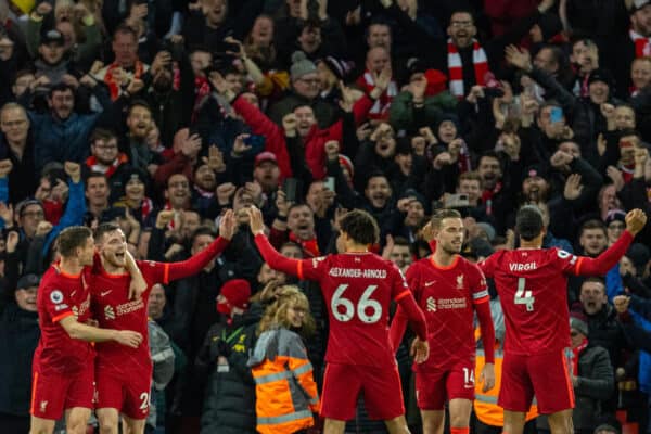 LIVERPOOL, ENGLAND - Wednesday, February 23, 2022: Liverpool's Virgil van Dijk (R) celebrates after scoring the sixth goal during the FA Premier League match between Liverpool FC and Leeds United FC at Anfield. (Pic by David Rawcliffe/Propaganda)