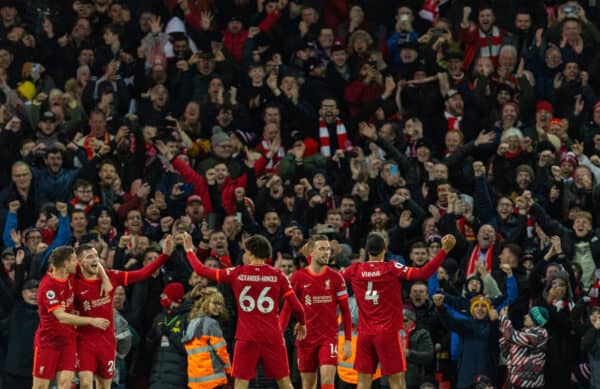 LIVERPOOL, ENGLAND - Wednesday, February 23, 2022: Liverpool's Virgil van Dijk (R) celebrates after scoring the sixth goal during the FA Premier League match between Liverpool FC and Leeds United FC at Anfield. (Pic by David Rawcliffe/Propaganda)