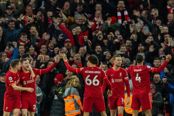 LIVERPOOL, ENGLAND - Wednesday, February 23, 2022: Liverpool's Virgil van Dijk (R) celebrates after scoring the sixth goal during the FA Premier League match between Liverpool FC and Leeds United FC at Anfield. (Pic by David Rawcliffe/Propaganda)