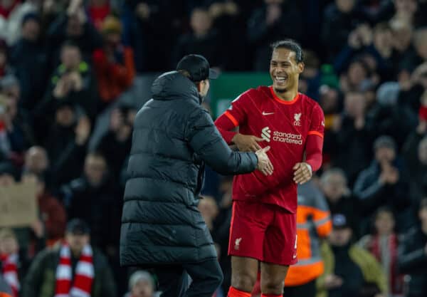 LIVERPOOL, ENGLAND - Wednesday, February 23, 2022: Liverpool's Virgil van Dijk (R) celebrates with manager Jürgen Klopp after the FA Premier League match between Liverpool FC and Leeds United FC at Anfield. Liverpool won 6-0. (Pic by David Rawcliffe/Propaganda)
