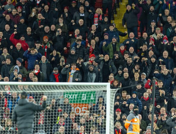 LIVERPOOL, ENGLAND - Wednesday, February 23, 2022: Liverpool supporters celebrate with manager Jürgen Klopp after the FA Premier League match between Liverpool FC and Leeds United FC at Anfield. Liverpool won 6-0. (Pic by David Rawcliffe/Propaganda)