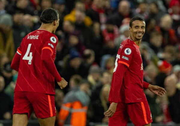 LIVERPOOL, ENGLAND - Wednesday, February 23, 2022: Liverpool's Joel Matip (R) celebrates after scoring the second goal during the FA Premier League match between Liverpool FC and Leeds United FC at Anfield. (Pic by David Rawcliffe/Propaganda)