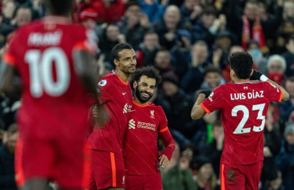 LIVERPOOL, ENGLAND - Wednesday, February 23, 2022: Liverpool's Joel Matip (L) celebrates with team-mate Mohamed Salah (C) after scoring the second goal during the FA Premier League match between Liverpool FC and Leeds United FC at Anfield. (Pic by David Rawcliffe/Propaganda)