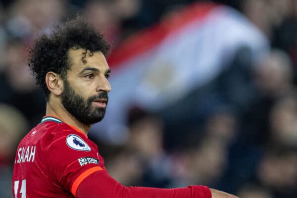 LIVERPOOL, ENGLAND - Wednesday, February 23, 2022: Liverpool's Mohamed Salah celebrates after scoring the third goal during the FA Premier League match between Liverpool FC and Leeds United FC at Anfield. (Pic by David Rawcliffe/Propaganda)