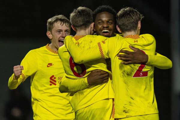 LONDON, ENGLAND - Friday, February 25, 2022: Liverpool's Billy Koumetio (C) celebrates with team-mates after scoring the second goal during the Premier League 2 Division 1 match between Arsenal FC Under-23's and Liverpool FC Under-23's at Meadow Park. (Pic by David Rawcliffe/Propaganda)