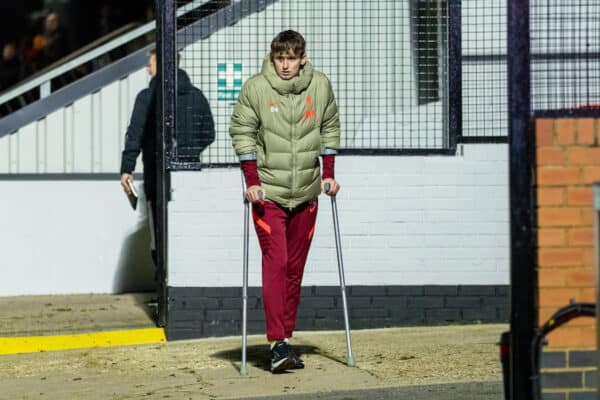 LONDON, ENGLAND - Friday, February 25, 2022: Liverpool's Tyler Morton on crutches after the Premier League 2 Division 1 match between Arsenal FC Under-23's and Liverpool FC Under-23's at Meadow Park. (Pic by David Rawcliffe/Propaganda)