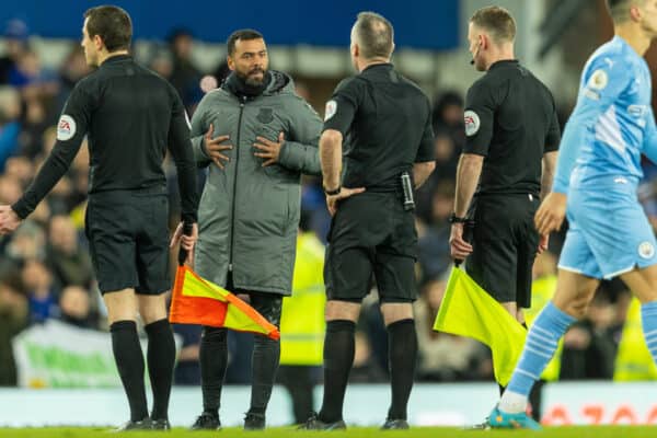 LIVERPOOL, ENGLAND - Saturday, February 26, 2022: Everton's assistant coach Ashley Young argues with the referee after the FA Premier League match between Everton FC and Manchester City FC at Goodison Park. (Pic by David Rawcliffe/Propaganda)