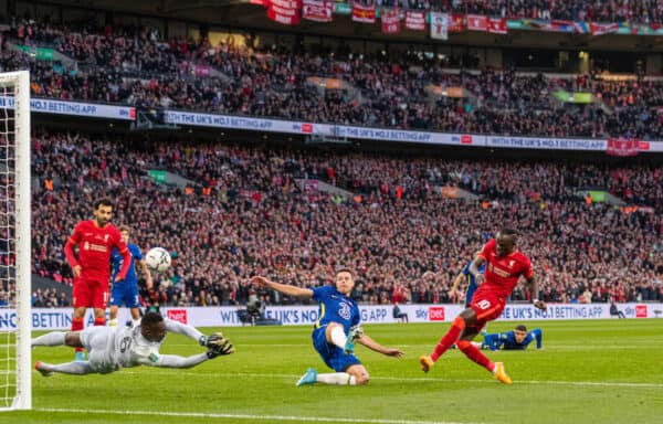 LONDON, ENGLAND - Sunday, February 27, 2022: Liverpool's Sadio Mané shoots over the bar during the Football League Cup Final match between Chelsea FC and Liverpool FC at Wembley Stadium. (Pic by David Rawcliffe/Propaganda)