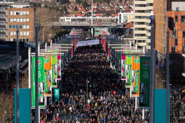 LONDON, ENGLAND - Sunday, February 27, 2022: Supporters walk up Wembley Way before the Football League Cup Final match between Chelsea FC and Liverpool FC at Wembley Stadium. (Pic by David Rawcliffe/Propaganda)