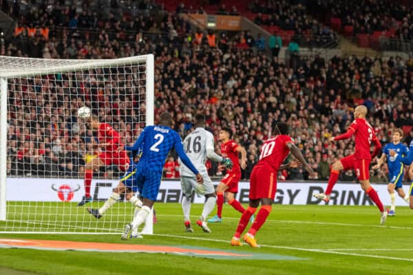 LONDON, ENGLAND - Sunday, February 27, 2022: Liverpool's Joel Matip scores the first goal, but it is disallowed, during the Football League Cup Final match between Chelsea FC and Liverpool FC at Wembley Stadium. (Pic by David Rawcliffe/Propaganda)