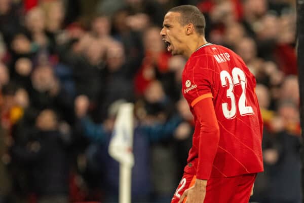 LONDON, ENGLAND - Sunday, February 27, 2022: Liverpool's Joel Matip celebrates after scoring the first goal, but it was disallowed, during the Football League Cup Final match between Chelsea FC and Liverpool FC at Wembley Stadium. (Pic by David Rawcliffe/Propaganda)