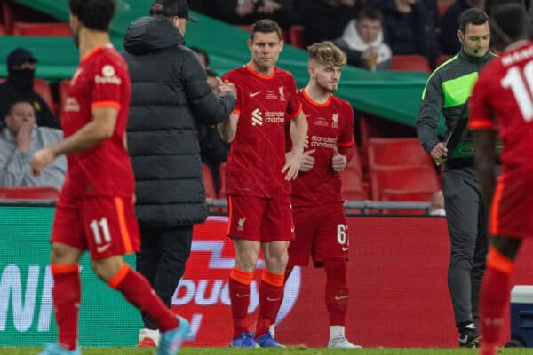 LONDON, ENGLAND - Sunday, February 27, 2022: Liverpool's manager Jürgen Klopp brings on Liverpool's oldest and youngets ever Cup final platyers James Milner (C) and Harvey Elliott (R) during the Football League Cup Final match between Chelsea FC and Liverpool FC at Wembley Stadium. (Pic by David Rawcliffe/Propaganda)