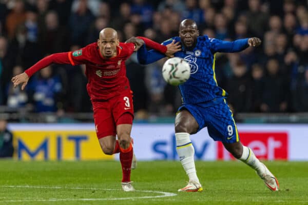 LONDON, ENGLAND - Sunday, February 27, 2022: Liverpool's Fabio Henrique Tavares 'Fabinho' (L) and Chelsea's Romelu Lukaku during the Football League Cup Final match between Chelsea FC and Liverpool FC at Wembley Stadium. (Pic by David Rawcliffe/Propaganda)