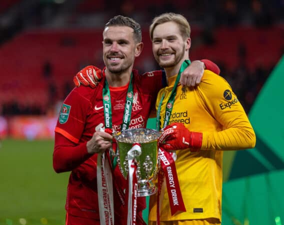 LONDON, ENGLAND - Sunday, February 27, 2022: Liverpool's captain Jordan Henderson (L) and goalkeeper Caoimhin Kelleher celebrate with the trophy after winning the Football League Cup Final match between Chelsea FC and Liverpool FC at Wembley Stadium. (Pic by David Rawcliffe/Propaganda)
