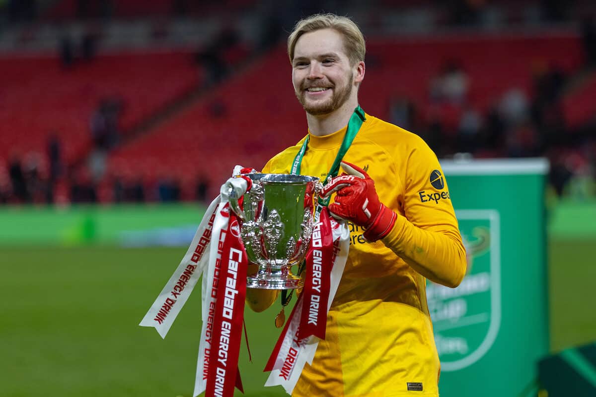 LONDON, ENGLAND - Sunday, February 27, 2022: Liverpool's Caoimhin Kelleher celebrates with the trophy after winning the Football League Cup Final match between Chelsea FC and Liverpool FC at Wembley Stadium. (Pic by David Rawcliffe/Propaganda)