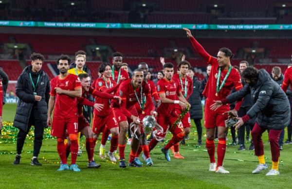 LONDON, ENGLAND - Sunday, February 27, 2022: Liverpool's Joel Matip celebrates with the trophy after winning the Football League Cup Final match between Chelsea FC and Liverpool FC at Wembley Stadium. (Pic by David Rawcliffe/Propaganda)