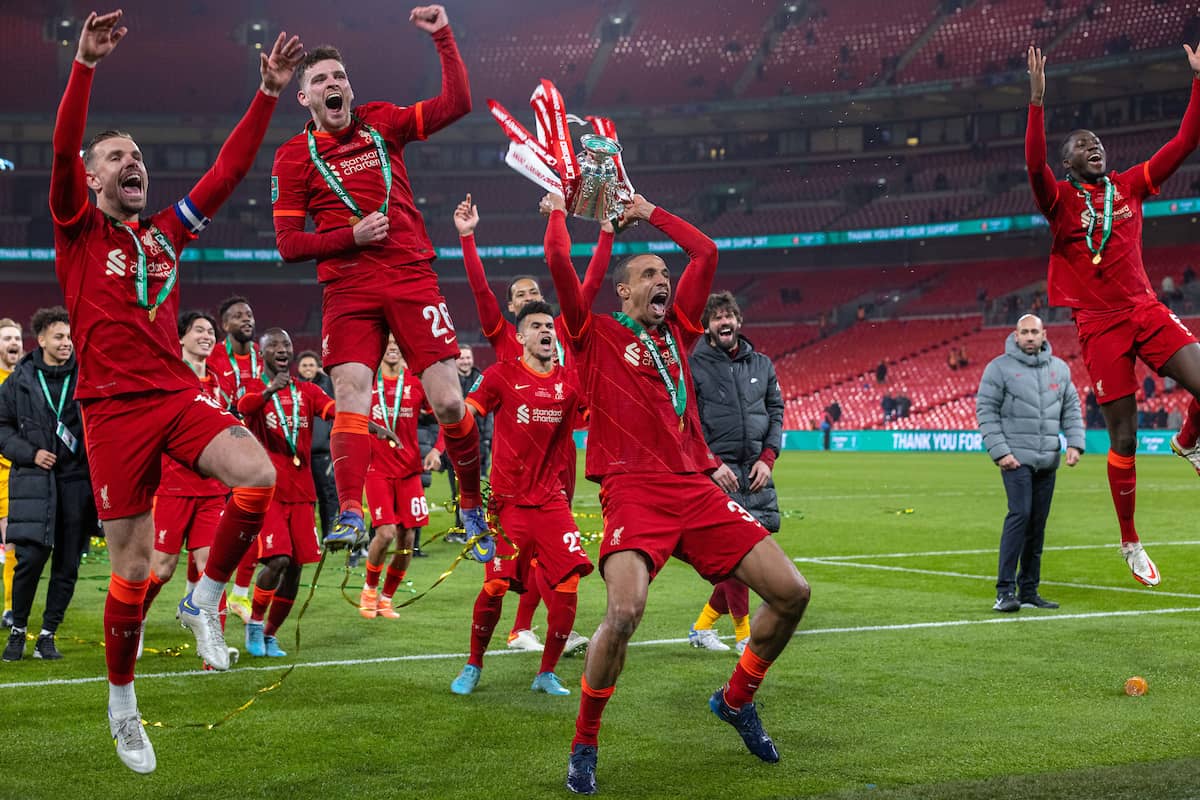 LONDON, ENGLAND - Sunday, February 27, 2022: Liverpool's Joel Matip celebrates with the trophy after winning the Football League Cup Final match between Chelsea FC and Liverpool FC at Wembley Stadium. (Pic by David Rawcliffe/Propaganda)