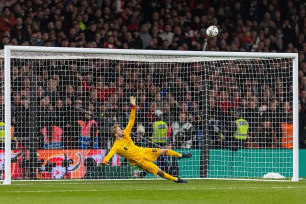 LONDON, ENGLAND - Sunday, February 27, 2022: Liverpool's goalkeeper Caoimhin Kelleher looks on as Chelsea's goalkeeper Kepa Arrizabalaga sends his penalty kick over the bar in the penalty shoot out during the Football League Cup Final match between Chelsea FC and Liverpool FC at Wembley Stadium. (Pic by David Rawcliffe/Propaganda)