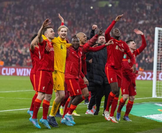 LONDON, ENGLAND - Sunday, February 27, 2022: Liverpool's goalkeeper Caoimhin Kelleher celebrates with team-mates after winning the Football League Cup Final match between Chelsea FC and Liverpool FC at Wembley Stadium. (Pic by David Rawcliffe/Propaganda)