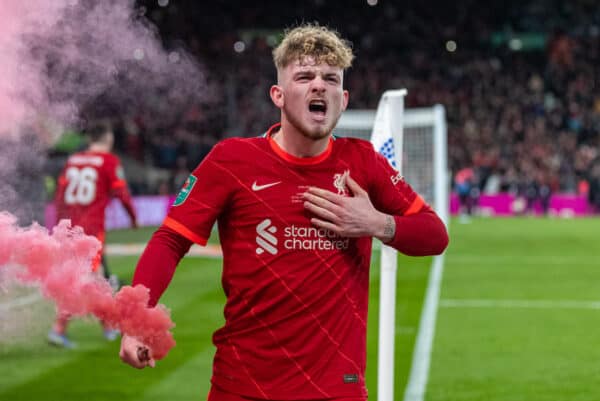 LONDON, ENGLAND - Sunday, February 27, 2022: Liverpool's Harvey Elliott celebrates with a smoke bomb as his side win the Football League Cup Final match between Chelsea FC and Liverpool FC at Wembley Stadium. (Pic by David Rawcliffe/Propaganda)