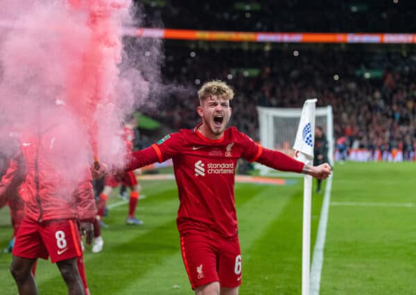 LONDON, ENGLAND - Sunday, February 27, 2022: Liverpool's Harvey Elliott celebrates with a smoke bomb as his side win the Football League Cup Final match between Chelsea FC and Liverpool FC at Wembley Stadium. (Pic by David Rawcliffe/Propaganda)